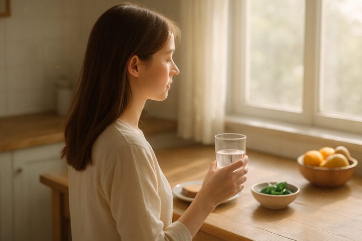朝のキッチンでグラスを持つ女性の後ろ姿。光に包まれた空間で、鉄分不足による髪の変化に気づく静かな瞬間を描写。