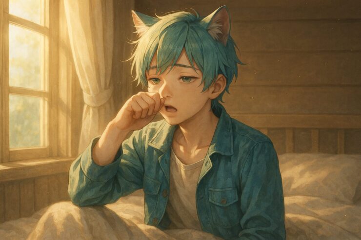 朝の部屋で目を覚ますブレイブ、ベッドに座りながらまどろむ姿｜Brave waking up and sitting on bed in morning light