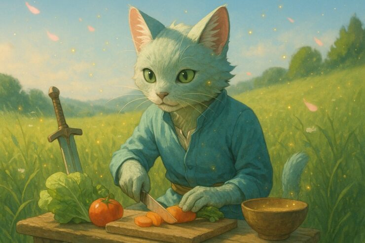 猫型獣人のブレイブが草原の朝に食事を整える様子を描いたファンタジックなイラスト