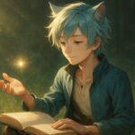 猫耳の青年が光る火種を手に見つめる、学びと成長を象徴する幻想的なアイキャッチ画像