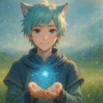 猫耳の青年が光るスキルUIを手に受け取る、AIを“未来装備”として描いた幻想的なアイキャッチ