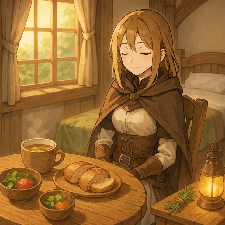 A female adventurer rests inside the inn, enjoying a warm, simple meal under candlelight.