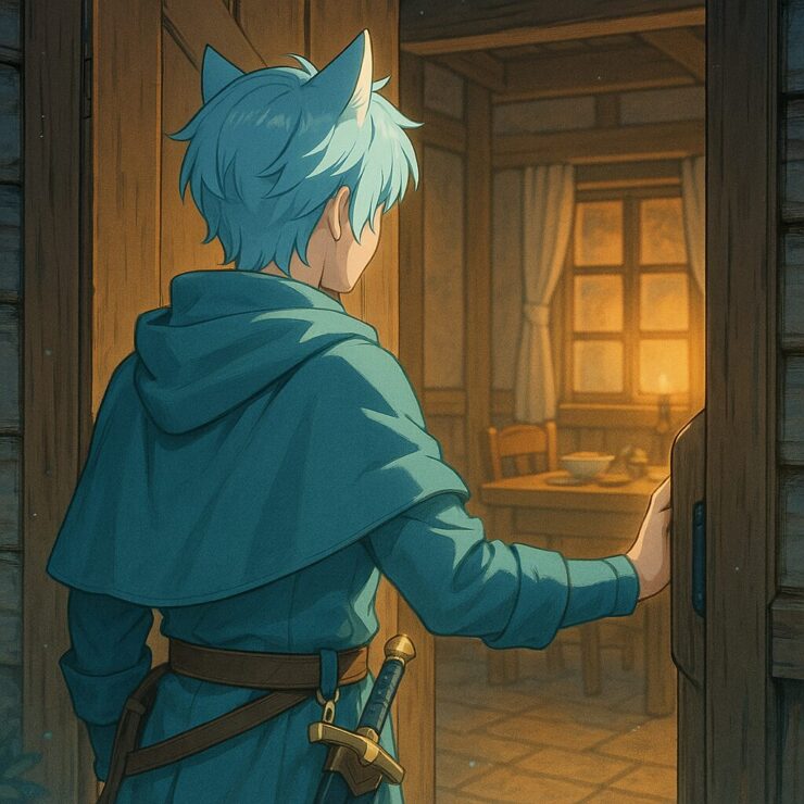 The back view of Brave, a pale-blue cloaked adventurer, as he quietly enters the warm inn.
