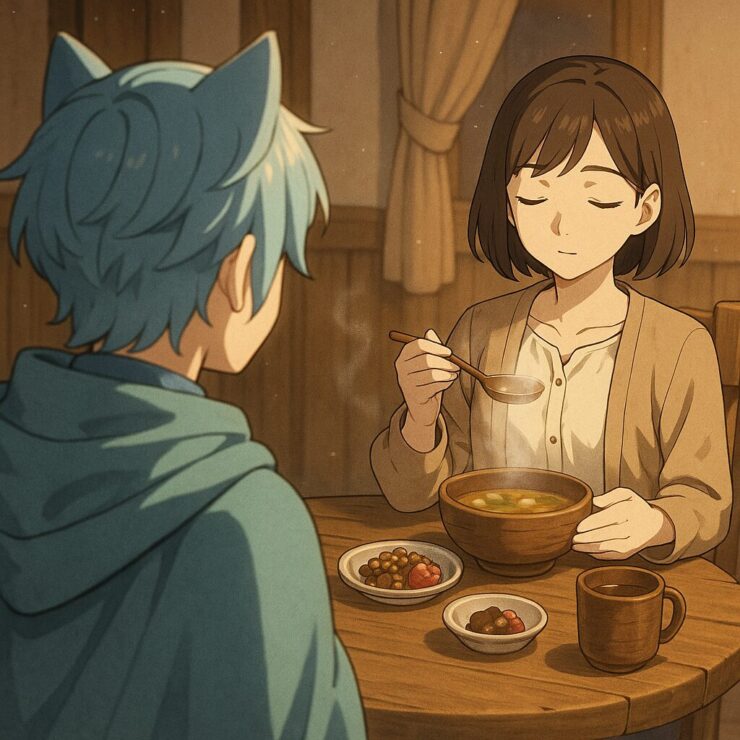 Brave observes a calm woman enjoying a healthy meal inside the inn, light and warmth filling the room.