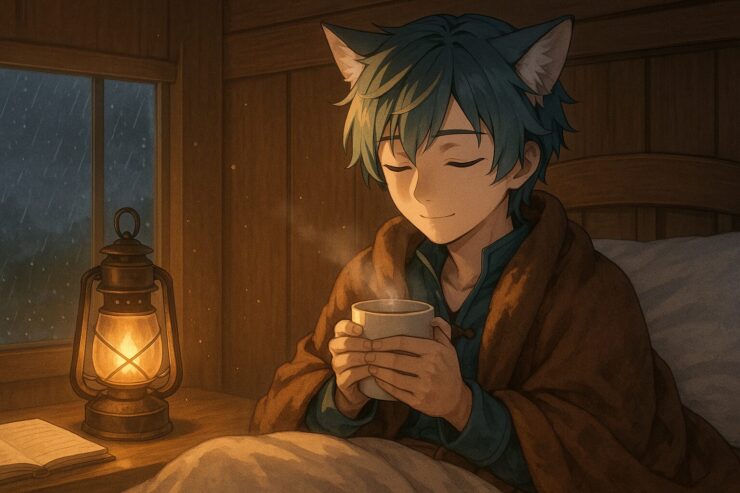 A gentle cat-eared adventurer wrapped in a blanket, sipping tea beside a glowing lantern as rain falls outside the inn window.