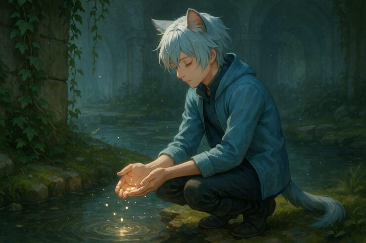Brave kneels by a quiet stream in a dungeon, gently releasing glowing emotions into the water.