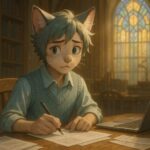 Cat beastman nervously doing tax paperwork in a dreamy fantasy library setting, semi-realistic style