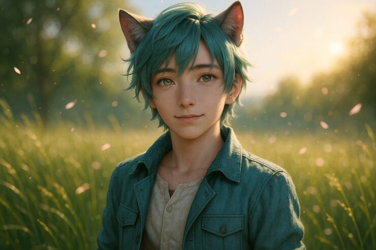 ブレイブが草原に佇む、柔らかな光と粒子に包まれた構文的ファンタジービジュアル(構文記憶/火種イメージ)