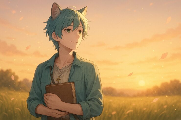 草原に立ち、そっと本を抱えてやさしく微笑むブレイブ。夕暮れの光と風に包まれながら、「抜け毛は異常じゃない」と語る静かな共感構図。