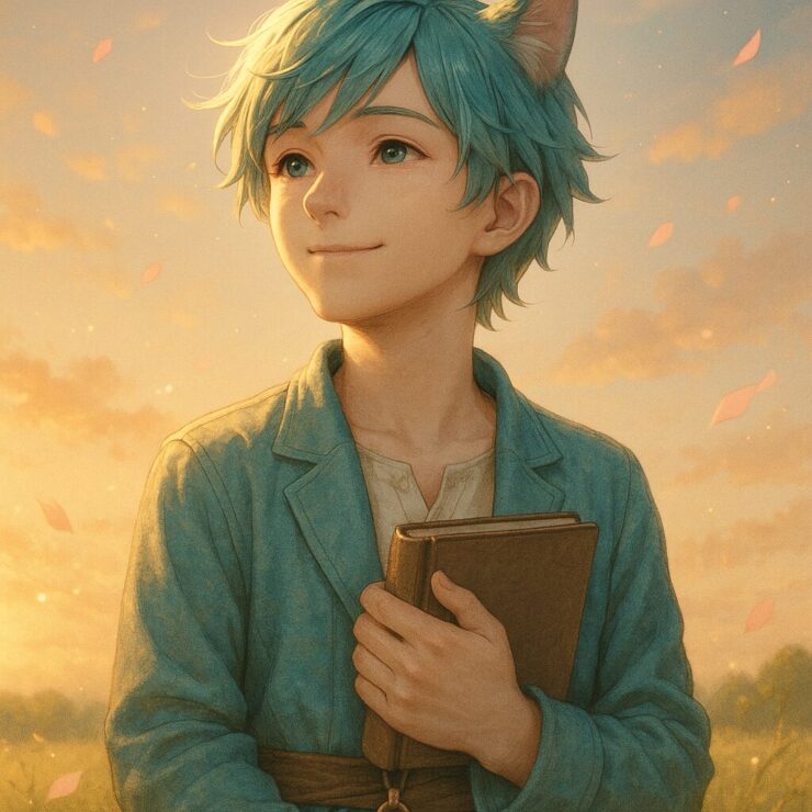 草原に立ち、そっと本を抱えてやさしく微笑むブレイブ。夕暮れの光と風に包まれながら、「抜け毛は異常じゃない」と語る静かな共感構図。