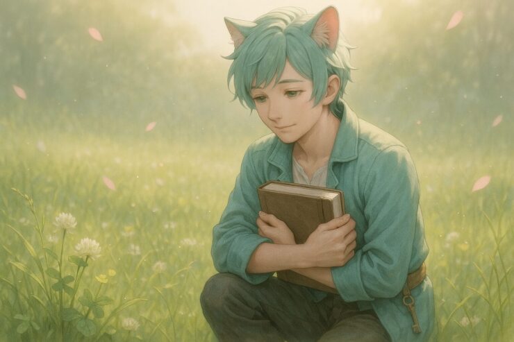 草原に膝をつき、朝の光に包まれて本を抱えるブレイブ。産後の抜け毛に悩む女性を見守るような、やさしく静かな構図。