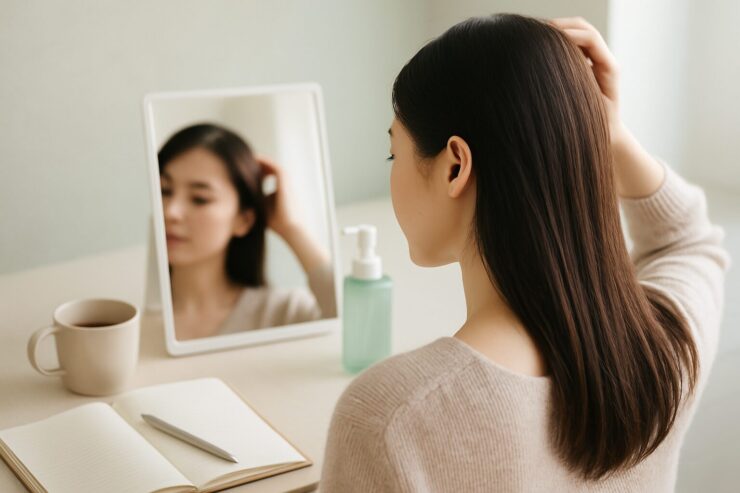 30代女性が育毛ケアを始める日常シーン|マイナチュレ使用レビュー用イメージ