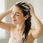 女性向けスカルプシャンプーを選ぶ30代女性がバスルームで笑顔を浮かべる自然な風景