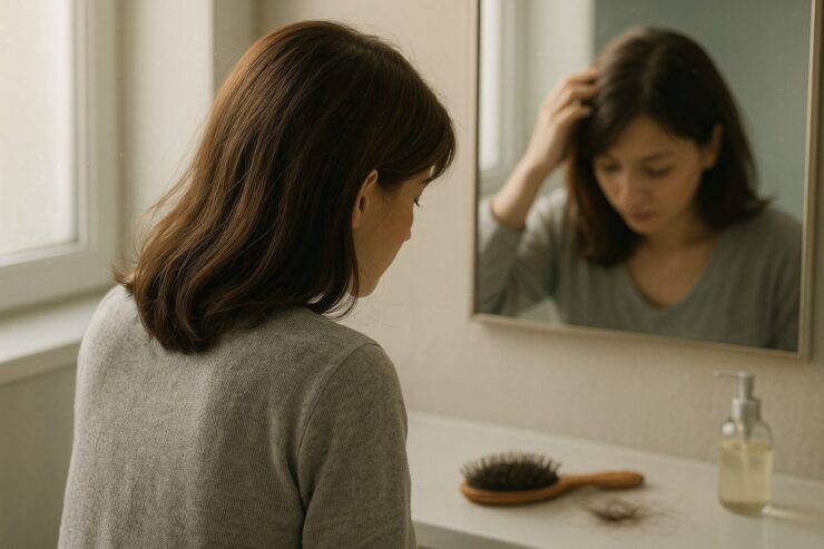 鏡の前で髪を気にする女性の後ろ姿。びまん性脱毛症に気づく日常の一場面を静かに表現。