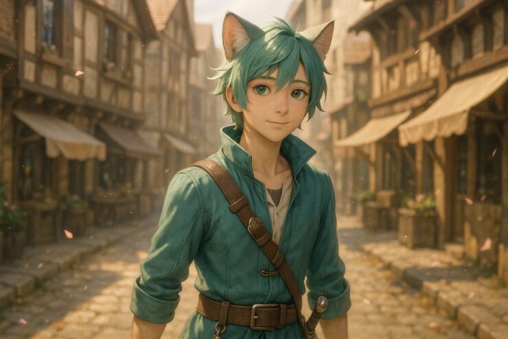Cat-Eared Adventurer Walking Through a Peaceful Medieval Town|城下町を歩く猫耳の少年冒険者・ブレイブ