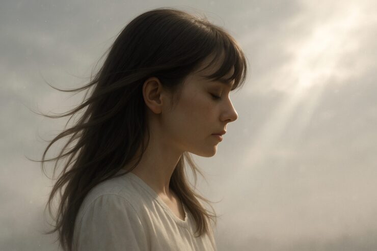 風に髪をなびかせる女性の横顔シルエット。FAGA（女性の薄毛）を象徴する静かな希望の構図。