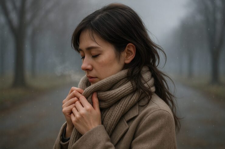 マフラーで首元を包む若い女性。冷え込む朝に髪が風に揺れ、冷えと頭皮環境の関係を静かに伝える構図。