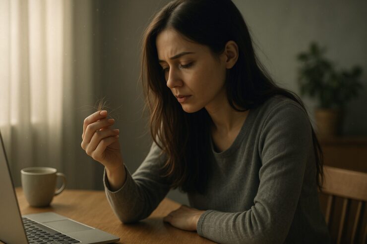 抜け毛を見つめる若い女性の横顔。静かな午後、デスクに佇み、ストレスによる脱毛への気づきを描く構図。