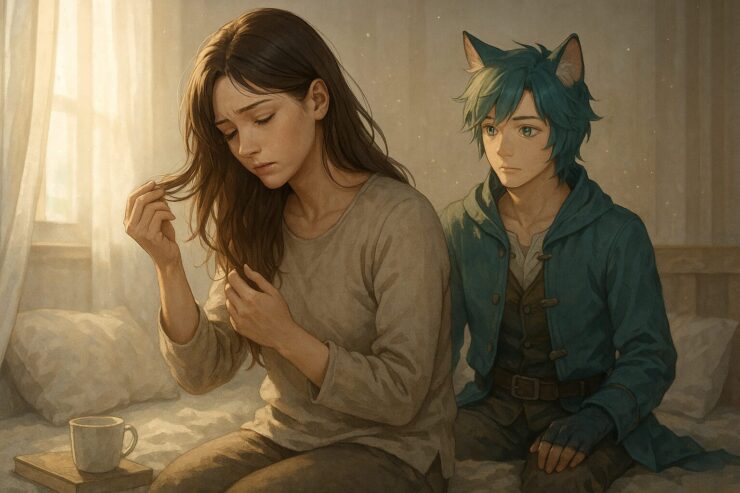 髪を見つめる女性と、静かに寄り添う猫耳の青年。鉄欠乏性貧血による抜け毛という体のSOSに気づく、やさしい室内の情景。
