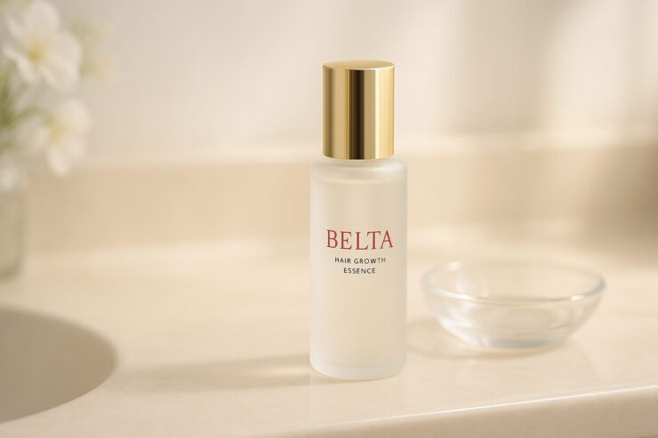 Belta hair growth essence bottle on a beige bathroom counter with soft morning light and delicate floral blur
