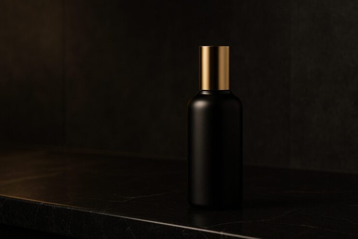 Matte black luxury skincare bottle with gold cap on dark marble counter under soft ambient light