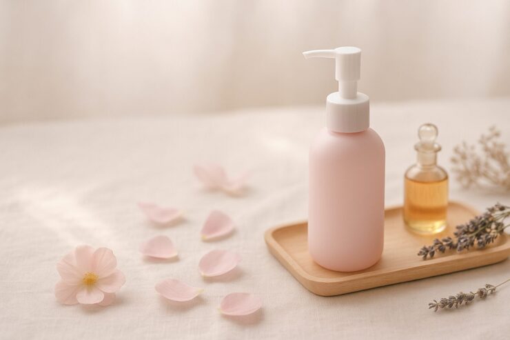 A soft pink haircare bottle on a wooden tray, surrounded by flower petals, lavender sprigs, and a glass aroma bottle on a linen surface, gently lit by natural light