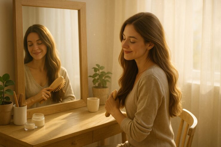 朝のやわらかな光が差し込む部屋で、ロングヘアの女性が鏡の前で髪を整えながら微笑んでいる。ナチュラルな衣服とセルフケアアイテムがそっと配置され、“再び美しさと向き合う時間”を象徴している。