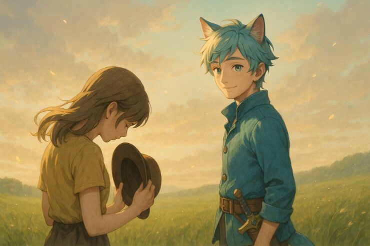 20代女性が草原で帽子を手にうつむく姿と、そっと振り返る青年ブレイブのイラスト。朝日の中で不安と希望が交差する優しい瞬間を描く。