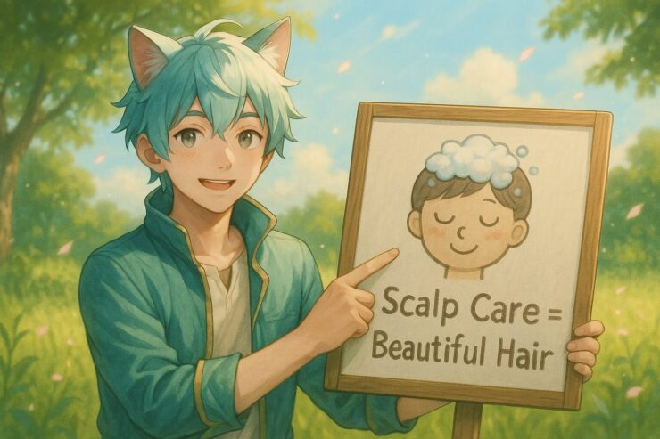 A cheerful cat-eared boy stands outdoors holding a wooden sign that reads “Scalp Care = Beautiful Hair” with a foam-covered cartoon head illustration. Sunlight filters through the trees as petals drift in the air.