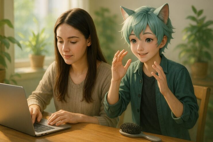 A young woman works on her laptop at a wooden desk surrounded by green plants while a cat-eared boy gently demonstrates a scalp massage gesture beside her, bathed in soft natural daylight.