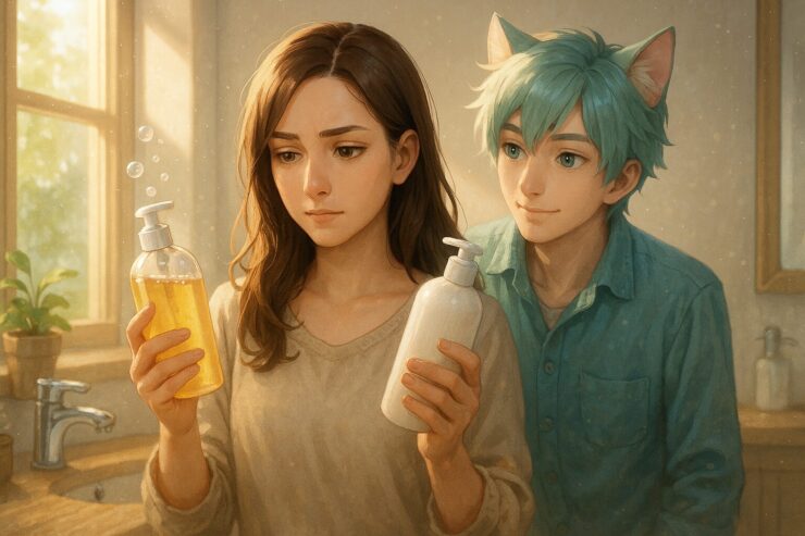 A young woman compares two shampoo bottles in a sunlit bathroom while a gentle, cat-eared boy looks over her shoulder, sharing the quiet moment of decision. （女性が2本のシャンプーボトルを見比べ、猫耳の少年が後ろから見守る、朝の洗面所の一幕）