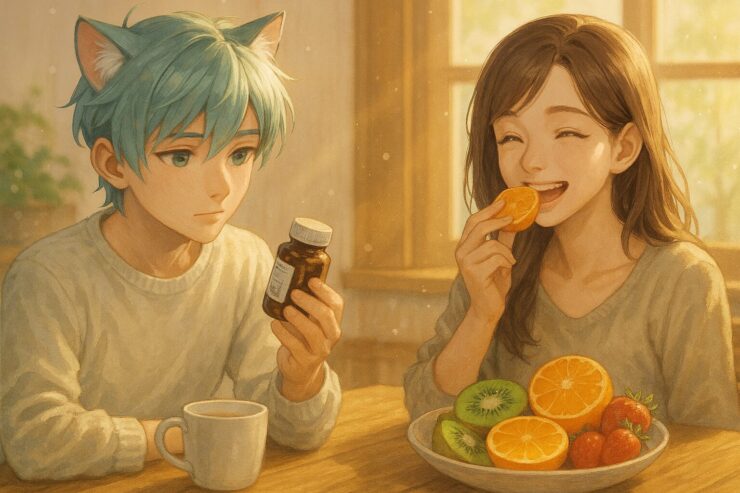 A turquoise-haired boy with cat ears examines a bottle of supplements while a woman beside him smiles, enjoying a slice of orange at a sunlit wooden breakfast table. （朝の日差しが差し込む木のテーブルで、猫耳の少年がサプリの瓶を見つめ、隣の女性がオレンジを頬張る微笑ましい朝の一幕）