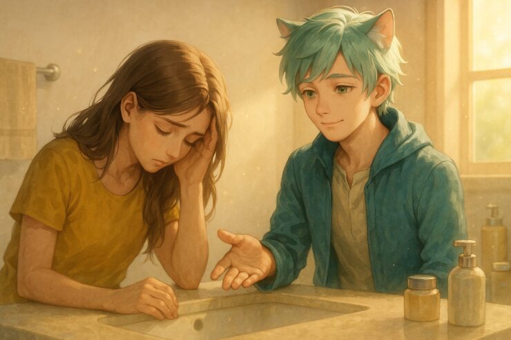 A turquoise-haired cat-eared boy gently reaches out to comfort a downcast woman leaning over a bathroom counter. Morning light and soft steam fill the scene, creating a peaceful, supportive atmosphere.