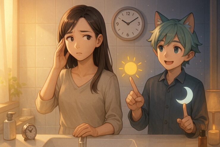 時計を見ながら悩む女性のそばで、ブレイブが太陽と月のオブジェを持ち、朝と夜の違いをやさしく説明している。洗面所が光で左右に分かれた、時間比較のケアシーン。 A woman looks thoughtfully at a clock while a gentle, cat-eared boy beside her holds a sun and moon, explaining the difference between morning and night routines. The vanity space is softly split into bright and warm lighting, representing two times of day.