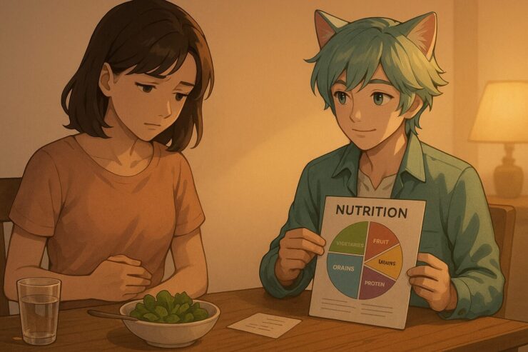 サラダだけの食事に視線を落とす女性と、そばで栄養バランス表を優しく示すブレイブ。過度なダイエットに気づきを促す夕方の静かな食卓シーン。 A young woman looks down at a small bowl of salad with concern, while a gentle boy with cat ears sits beside her holding a colorful nutrition chart, gently guiding her toward healthier balance in a softly lit evening room.