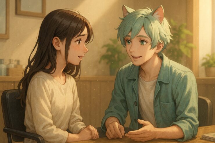 A shy-looking woman in a salon chair talks to a turquoise-haired boy with cat ears, who gently listens and smiles, creating a calm and safe atmosphere in a softly lit, wood-toned hair salon. （美容室の椅子に座る女性が、猫耳の少年に少し恥ずかしそうに話しかけ、優しく受け止める姿。木目調の空間にやわらかな光が差す）