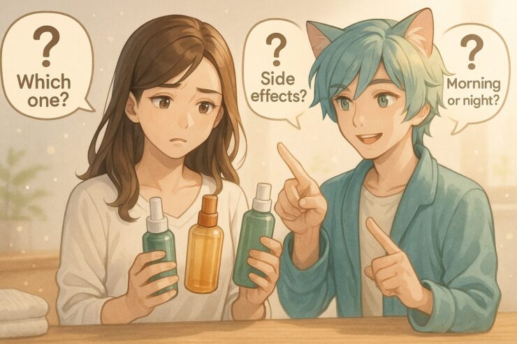 A woman holding three different hair tonics looks unsure, while a turquoise-haired boy with cat ears gently points at one option, surrounded by floating Q&A icons in a softly lit room. （3本の育毛剤を手に悩む女性と、それをやさしく指差す猫耳の少年。周囲に浮かぶQ&Aアイコンがリズムを添える明るい室内）