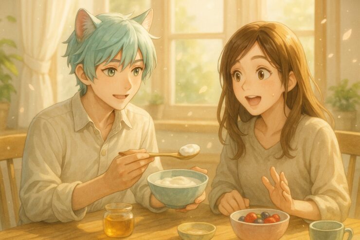 A turquoise-haired boy with cat ears gently offers a pastel bowl of yogurt at a wooden breakfast table, while a woman beside him looks surprised and intrigued in the soft morning light. （朝の光が差す木のテーブルで、猫耳の少年がヨーグルトを差し出し、女性が驚いたように目を向ける微笑ましい食卓のひととき）