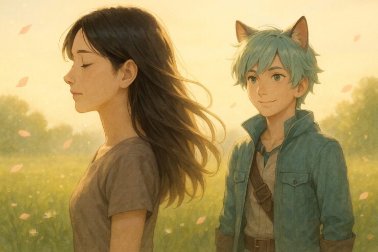 A turquoise-haired boy with cat ears softly watches a woman standing in a sunlit meadow, as flower petals drift through the air. Both are bathed in warm morning light, symbolizing gentle support and self-acceptance.