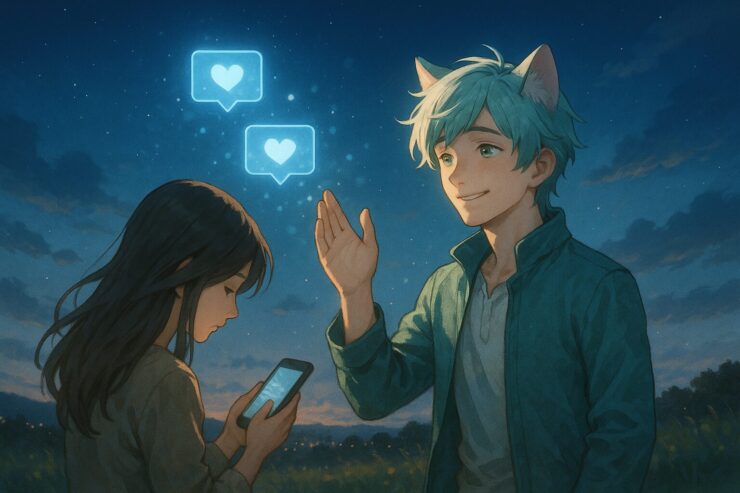 A cat-eared boy raises his hand toward the sky, casting glowing message-like particles into the early dawn air, while a woman looks quietly at her phone nearby. The scene is wrapped in a soft blue haze, symbolizing support and unseen connection.