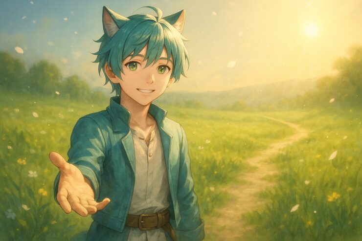 A gentle cat-eared boy in turquoise stands in a sunlit meadow, reaching out his hand with a warm smile, inviting the viewer onto a flower-lined path of hope and healing.