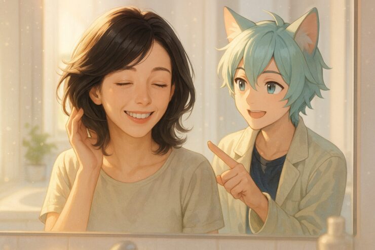 Brave giving scalp care advice beside a mirror, soft lighting and warm smile in a cozy bathroom setting（ブレイブが優しくスカルプケアを伝える鏡越しのシーン）