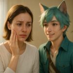 乾燥肌に悩む女性を励ます猫耳の青年ブレイブと朝日の差す室内でのスキンケアシーン