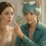 毛穴やくすみを気にする女性に優しく指差しで説明する猫耳の青年ブレイブ、朝日が差す洗面室でのスキンケアシーン