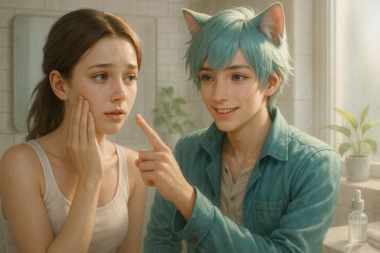 毛穴やくすみを気にする女性に優しく指差しで説明する猫耳の青年ブレイブ、朝日が差す洗面室でのスキンケアシーン