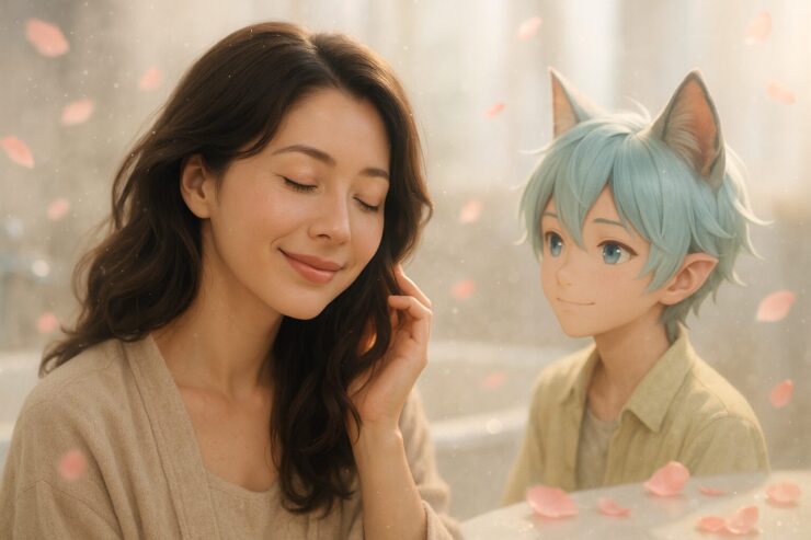 A woman enjoying the gentle rose fragrance while touching her soft, voluminous hair, with Brave the cat-eared boy smiling beside her in a cozy bathroom(ブレイブが見守るバスルームでローズの香りを楽しむ女性)