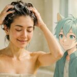 A gentle scalp care scene with Brave, a cat-eared boy, pointing kindly to a woman's hair in a bright white bathroom, teaching scalp-friendly coloring.（ブレイブが白いバスルームで女性に頭皮ケアを優しく伝えるシーン）