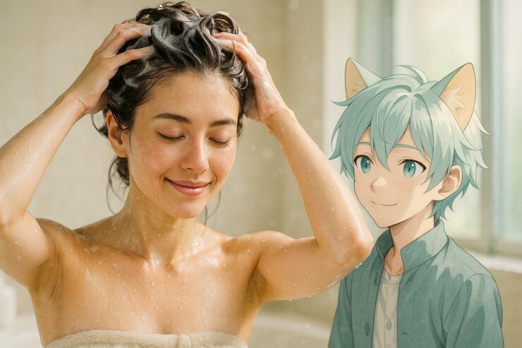 A gentle scalp care scene with Brave, a cat-eared boy, pointing kindly to a woman's hair in a bright white bathroom, teaching scalp-friendly coloring.(ブレイブが白いバスルームで女性に頭皮ケアを優しく伝えるシーン)