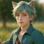 ブレイブ（浅葱色の猫耳青年）が草原で柔らかな光を浴びているシーン | Brave, a pale turquoise-haired cat-eared boy standing in a sunlit meadow with a gentle gaze