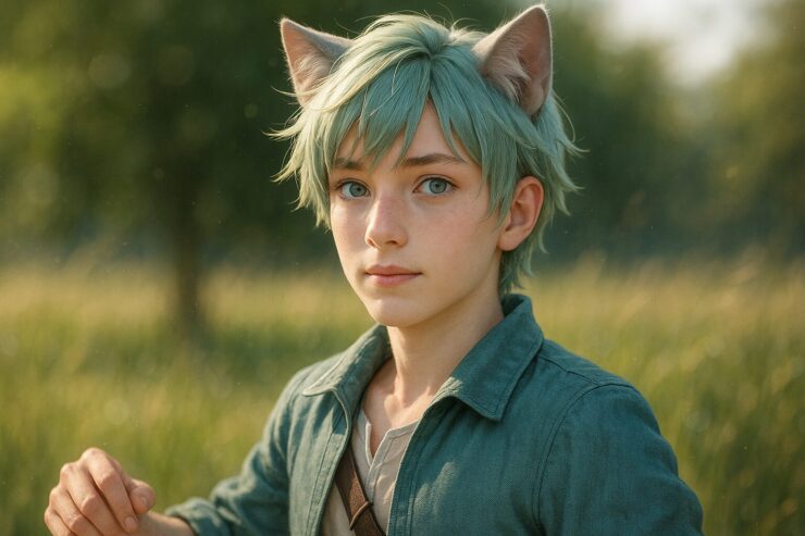 ブレイブ（浅葱色の猫耳青年）が草原で柔らかな光を浴びているシーン | Brave, a pale turquoise-haired cat-eared boy standing in a sunlit meadow with a gentle gaze